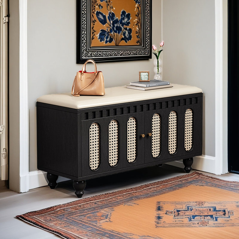 Banc de rangement pour chaussures en bois massif avec coussin de siège, Noir, noir, noir, noir