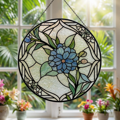 12"H Floral Pattern Stained Glass Window Panel