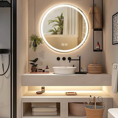 24" LED Bathroom Mirror with Lighting,Round Mirror with Lighting,Bathroom Wall Mirror,3 Dimmable Light Colors,Bathroom Mirror with Touch Switch and Defogging,3000K-10000K