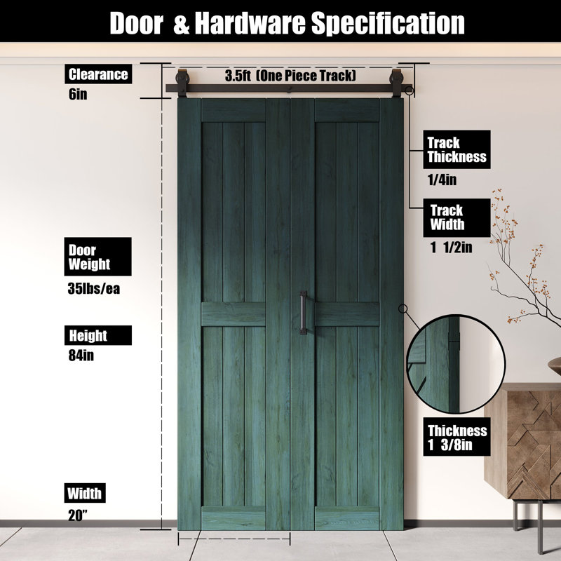 Porte de grange en pin royal non assemblée et finie de 84 po de hauteur, deux portes de 20 po x 84 po avec quincaillerie de fixation supérieure pliable