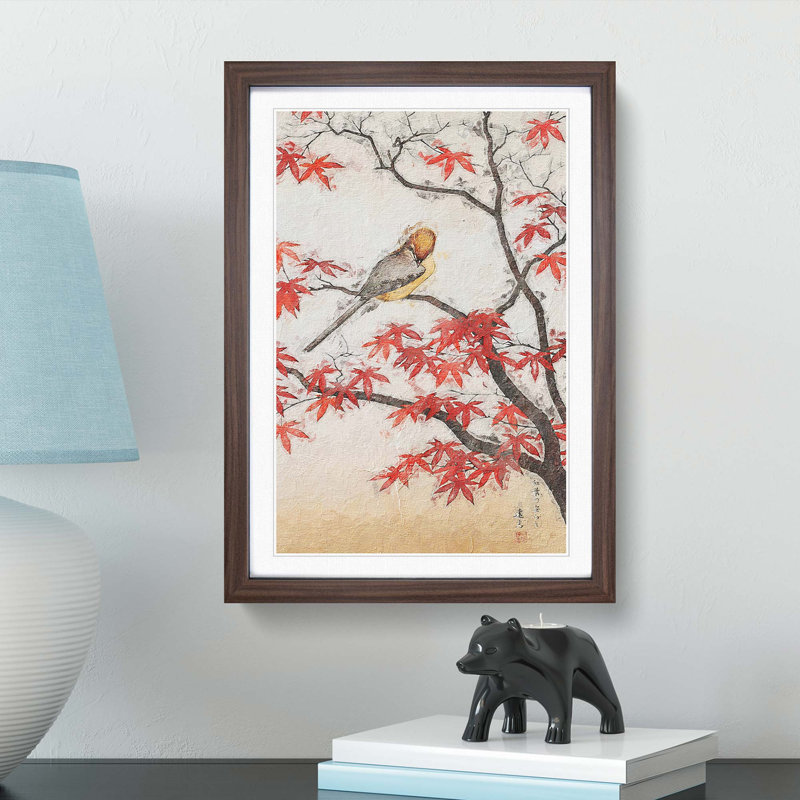 Bird in Autumn by Toshi Yoshida - Picture Frame Painting Print on Paper, Walnut Framed, 45cm H x 33cm W x 2cm D