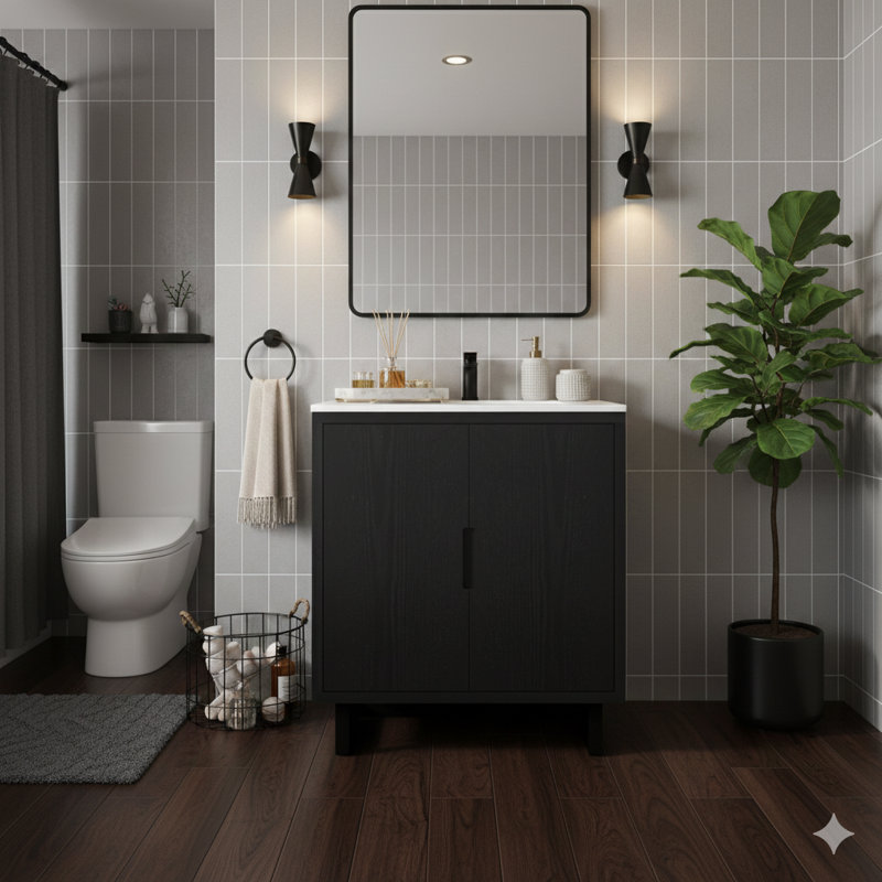 Ensemble de meuble-lavabo de 30 pouces avec lavabo, armoire combinée, armoire de rangement et structure en bois massif