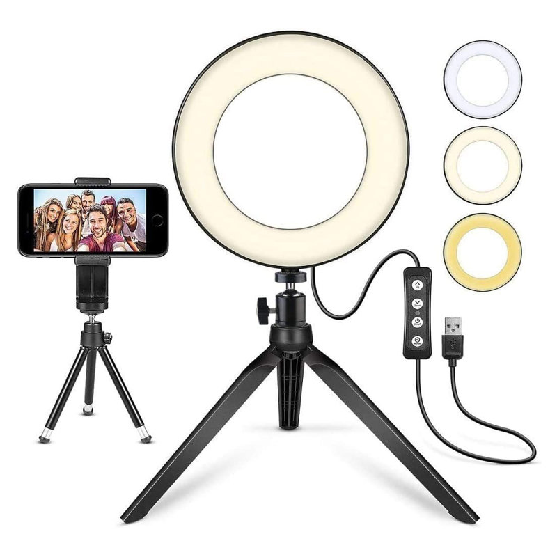 Anneau lumineux de 6 pouces à DEL avec support pour trépied et support pour téléphone, 3 modes d'éclairage et 11 niveaux de luminosité pour les vidéos sur york, le maquillage, la photographie et la diffusion en direct