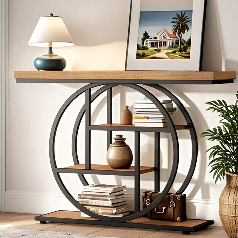 Industrial Light Brown Metal 4-Tier Console Table with Circular Base