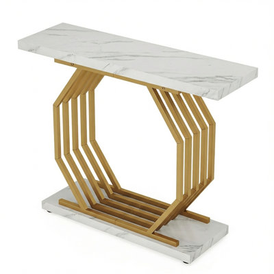 Chic Console Table – 39.3"L X 11.8"W Faux White Marble Top & Gold Octagon Base, 220 Lb Capacity, Versatile For Entryway/Sofa/Accent Table