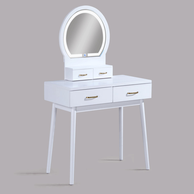 Ensemble de coiffeuse et de tabouret 3 pièces avec miroir à DEL intégré et tabouret rembourré assorti avec poignées ornées de meubles en bois