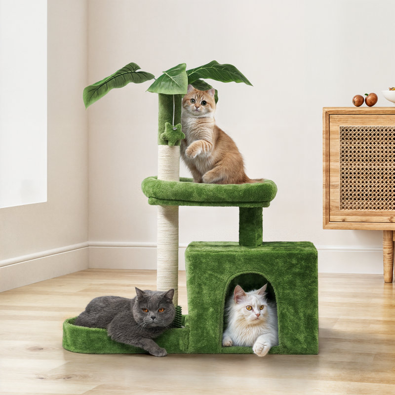 32" Green Cat Tree Tower with Leaf Design and Perch