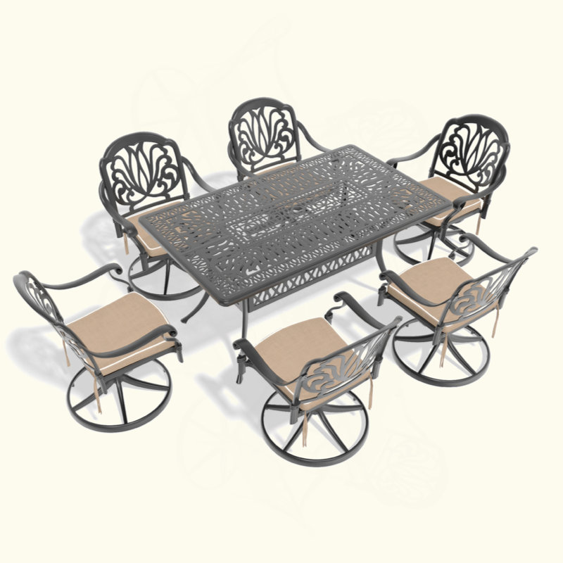Cet ensemble de salle à manger en fonte d'aluminium toutes saisons comprend des chaises pivotantes et une table rectangulaire avec cadre noir