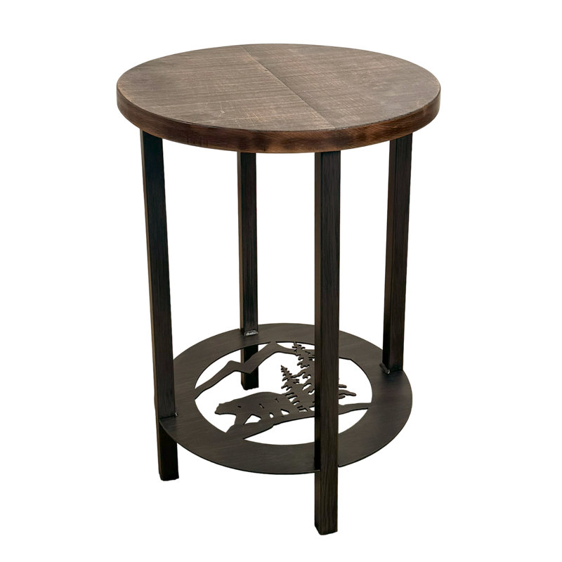 Table de bout ronde en fer robuste et bois brut scié avec scène d'ours, Noir