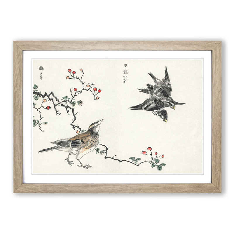 Thrush Birds by Numata Kashu - Picture Frame Painting Print, Oak, 60cm H x 91cm W x 2cm D