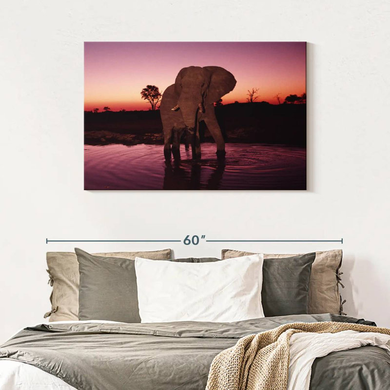 Elephant Sunrise Bathing, 30" H x 45" W