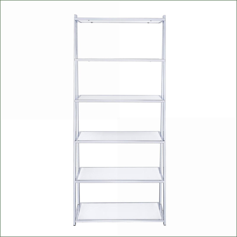 Bibliothèque, 6 tablettes contemporaines épurées avec structure en argent chromé, bois blanc neige brillant | Blanc | Bois et métal