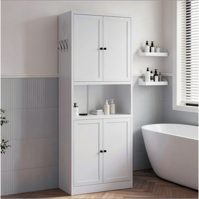 72" High White Steel Kitchen Pantry Storage Cabinet with Large Countertop, Adjustable Shelves and Hooks, Heavy-duty Modern Style Cabinet