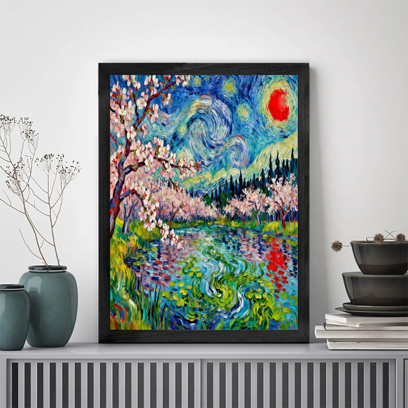 Reproduction d'art encadré noir rétro nuit étoilée, H 17 po x l 13 po