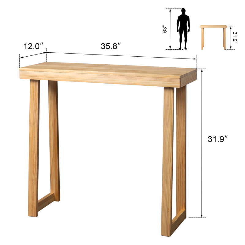 35.8" Solid Wood Trapezoidal Leg Narrow Console Table Enterway Table Wood Color, Natural Wood/Gold, 31.9" H x 35.8" W x 12" D