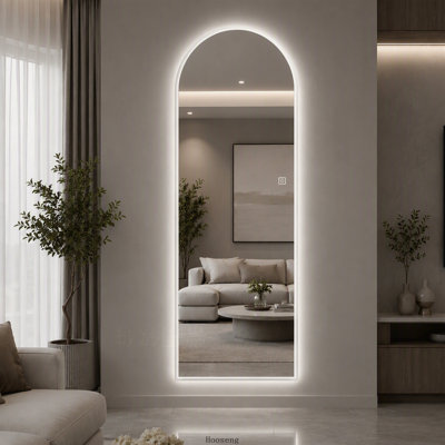 Miroir mural pleine longueur 65 po x 21 po à DEL arqué, éclairage bord givré, température 3 couleurs, gradation continue, miroir corporel HD pour chambre à coucher, garde-robe