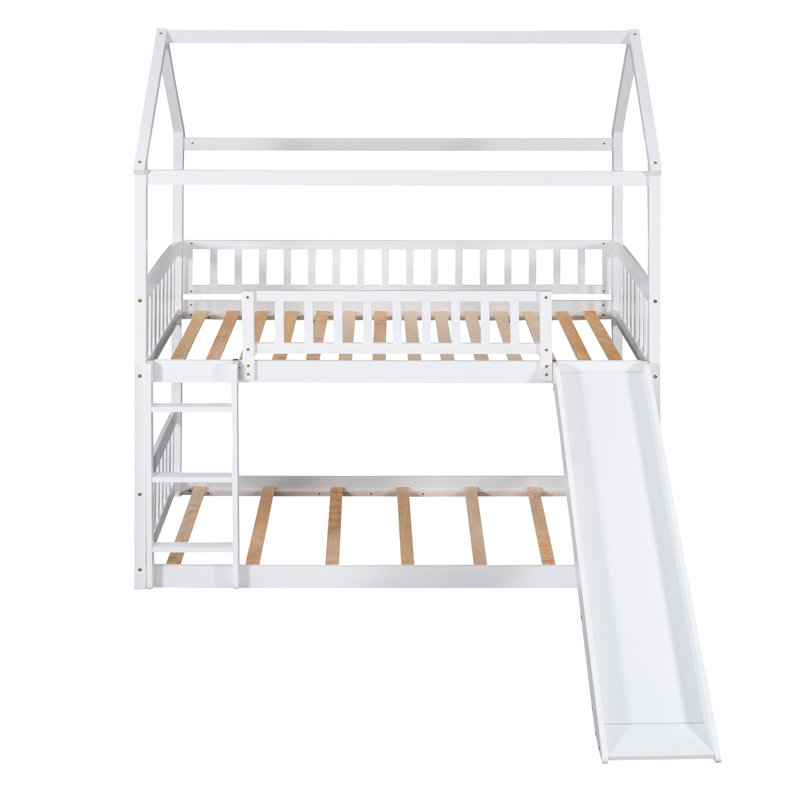 Lit superposé simple au-dessus de simple avec glissoire et échelle, structure en bois blanc pour chambre d'enfant