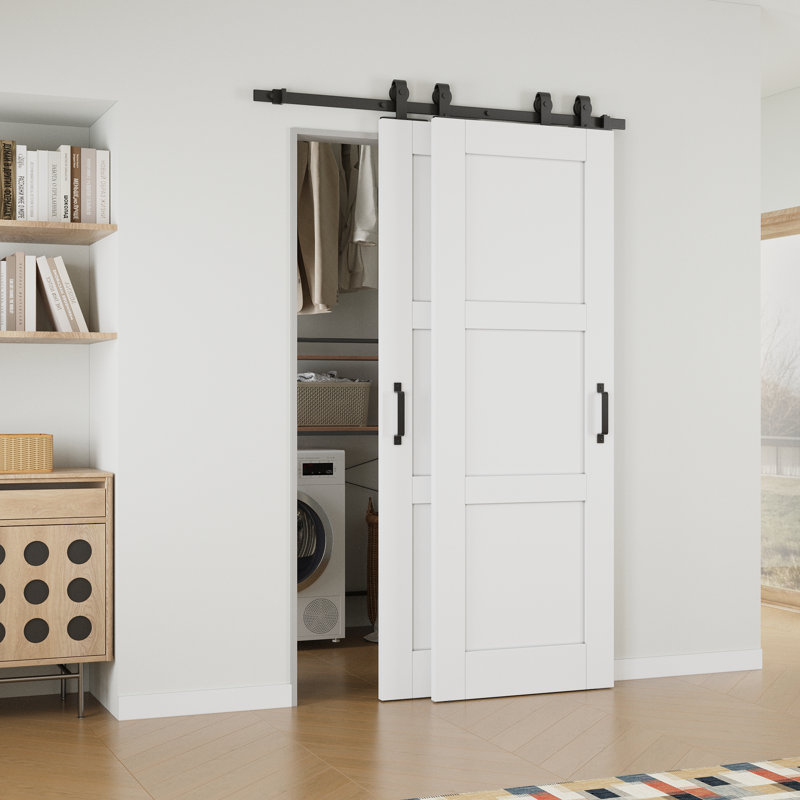 48" x 96" Height 3-Paneled White Primed Solid Core Sliding Bypass Barn Door Double Doors with Hardware Kit, 48" x 96"