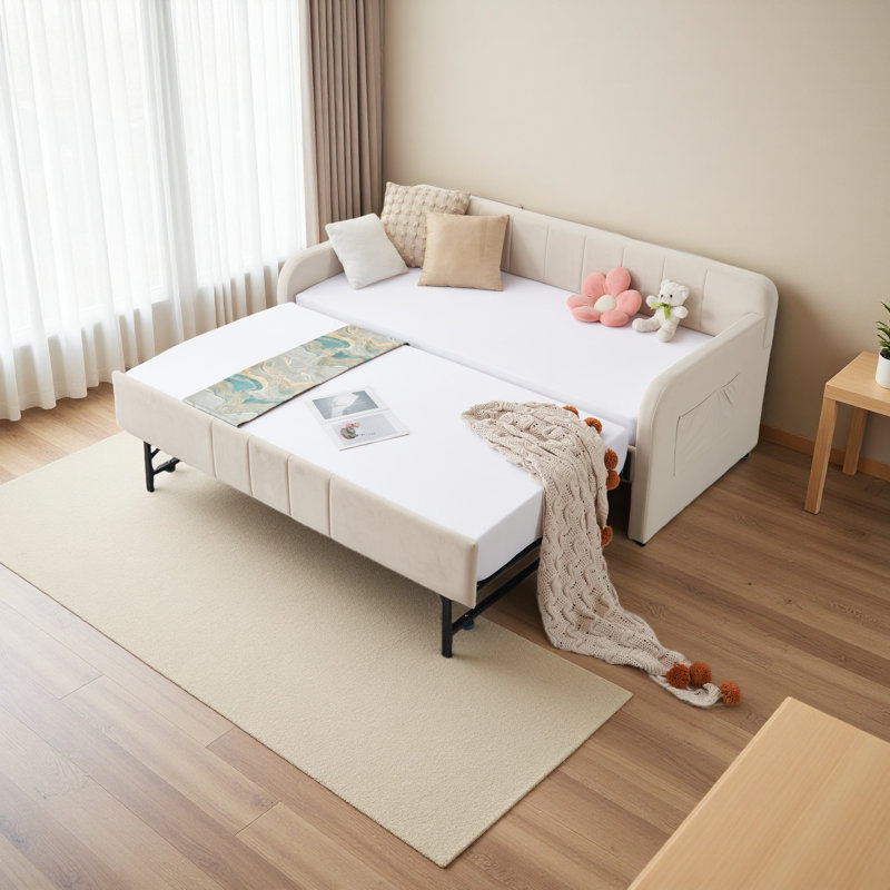 Structure de lit de jour simple rembourrée avec lit gigogne, canapé-lit simple pour chambre d'amis, support à lattes de bois