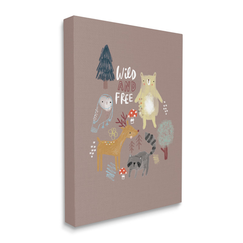 «Wild and Free Kid's Forest Beer Owl Racoon» par - Art textuel, H 40 po x l 30 po x P 2 po, Toile tendue