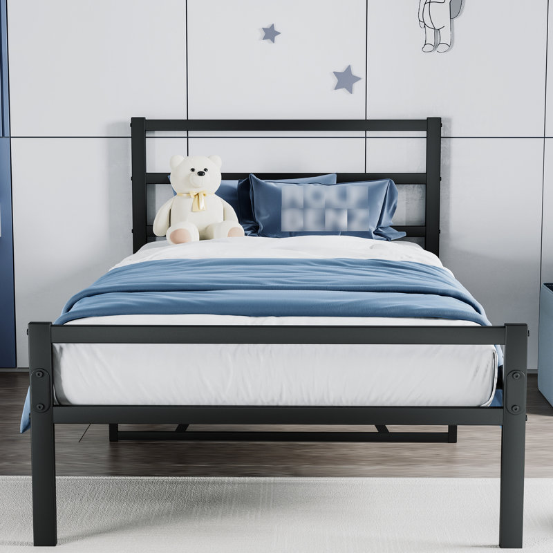 Structure de lit plateforme simple en métal avec tête de lit - Support solide, sans sommier, structure noire au repos tranquille, sommeil calme