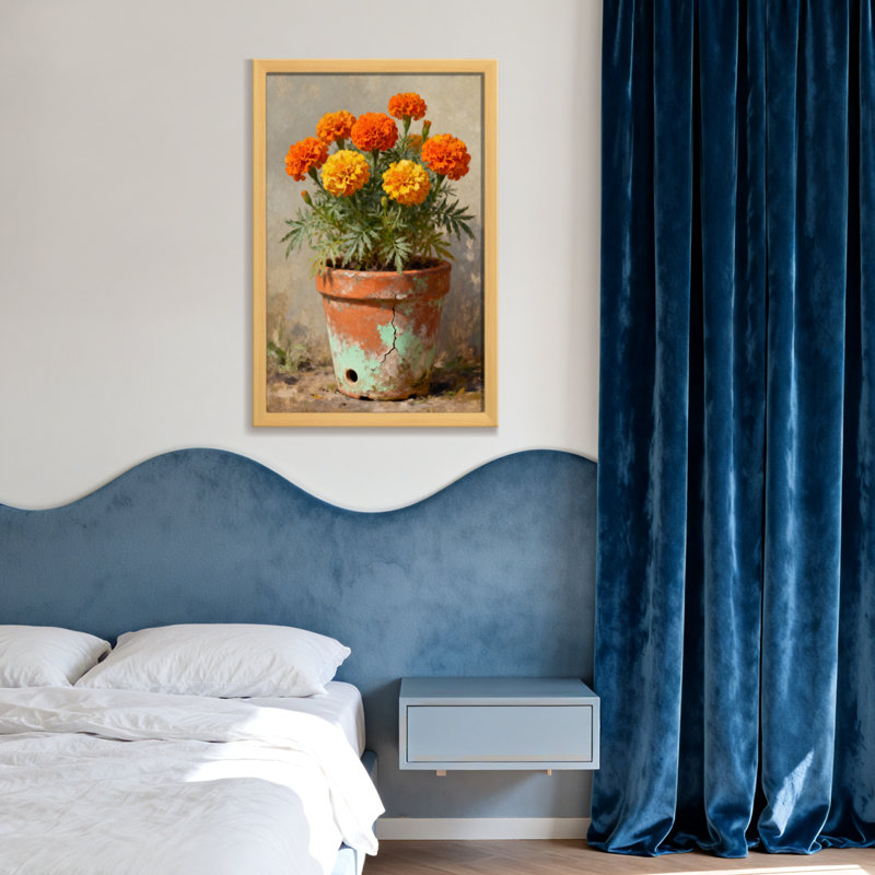 Plantes et fleurs, soucis vibrants dans un pot rustique sur toile, H 30 po x l 20 po, Toile tendue, Ne s’applique pas