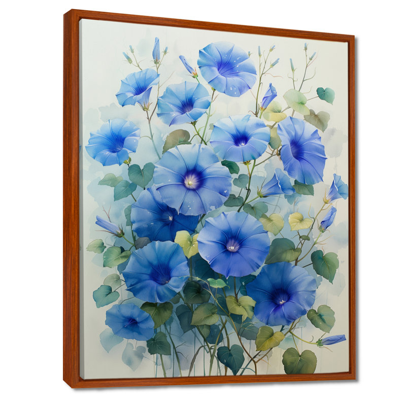 Jardin des rêves bleus fleurs du matin - gloire du matin - décoration murale, Cadre flottant brun, H 12 po x l 20 po