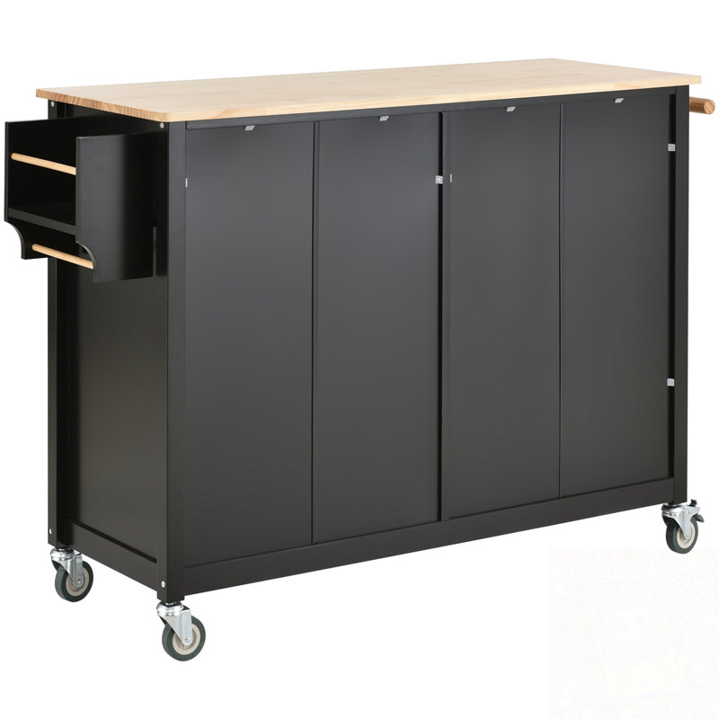 Kitchen Island With 4 Door Cabinet, Two Drawers And Locking Wheels, Black