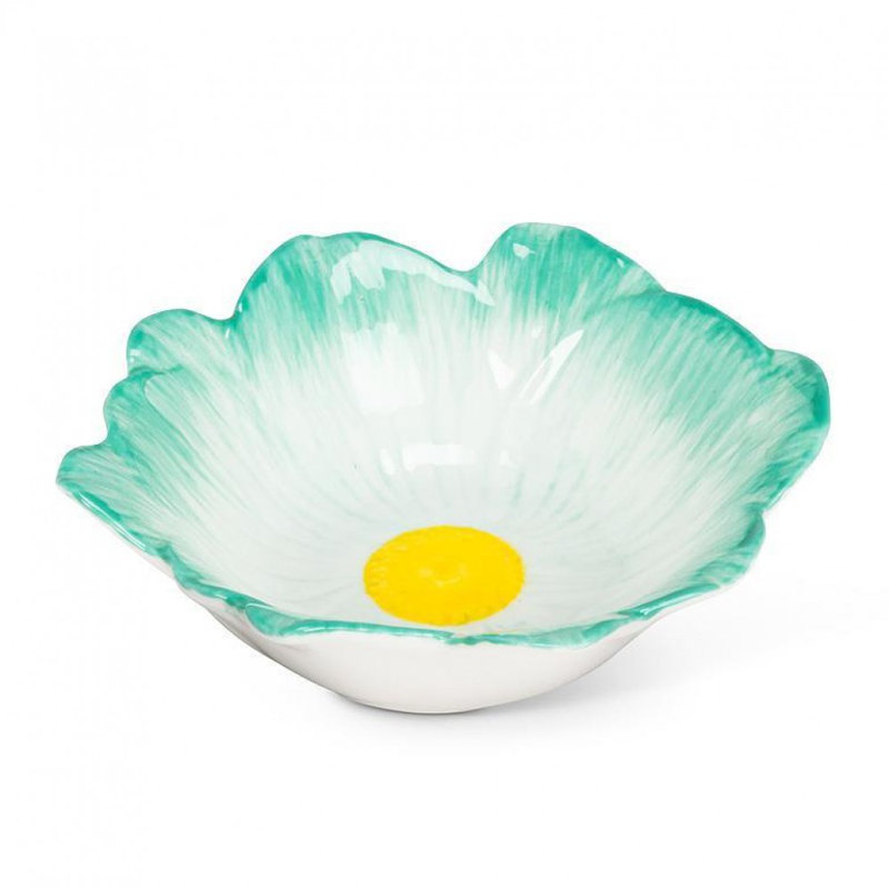 Petit bol à fleurs, Turquoise / blanc / jaune