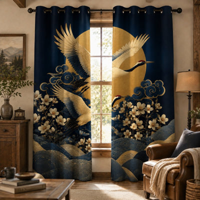 2 pièces de grues élégantes et rideaux bloquant le soleil à imprimé floral, art de style japonais, anneau de motif de nature moderne, décoration de chambre à coucher de salon pour la maison