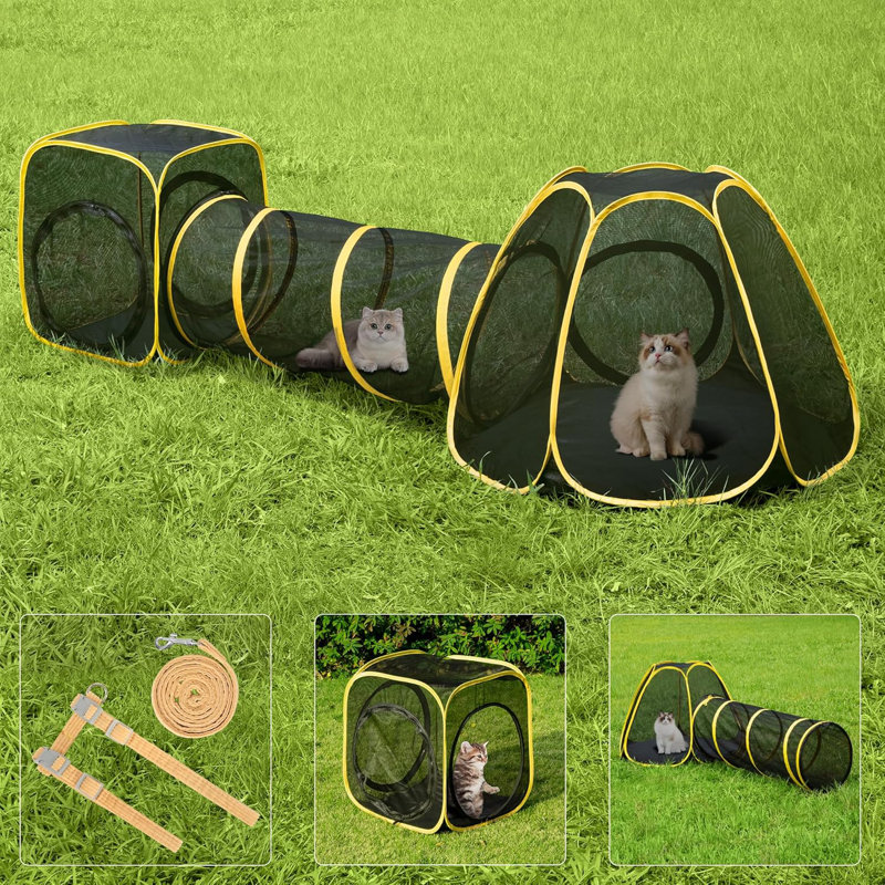 Outdoor Cat Enclosures 3-in-1 Portable Catio with Cat Tent, Tunnel, Playhouse