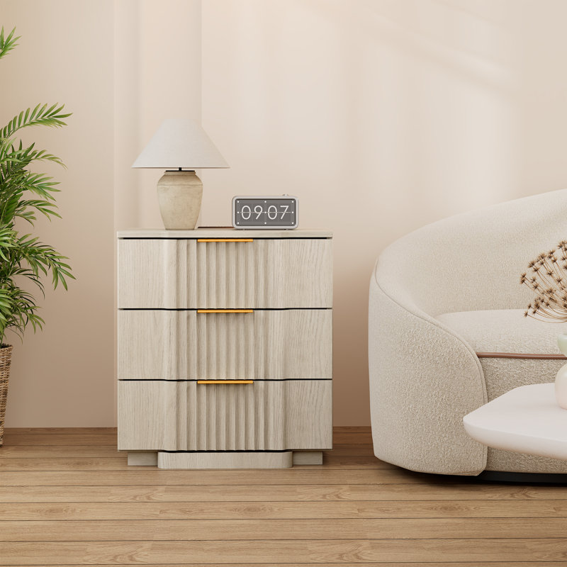 Designer Modern Minimalist Style 3-drawer Fluted Panel Nightstand With Charging Station