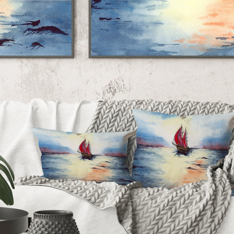 Un paysage marin avec un voilier avec des voiles - Coussin décoratif imprimé nautique et côtier, 16 po x 16 po
