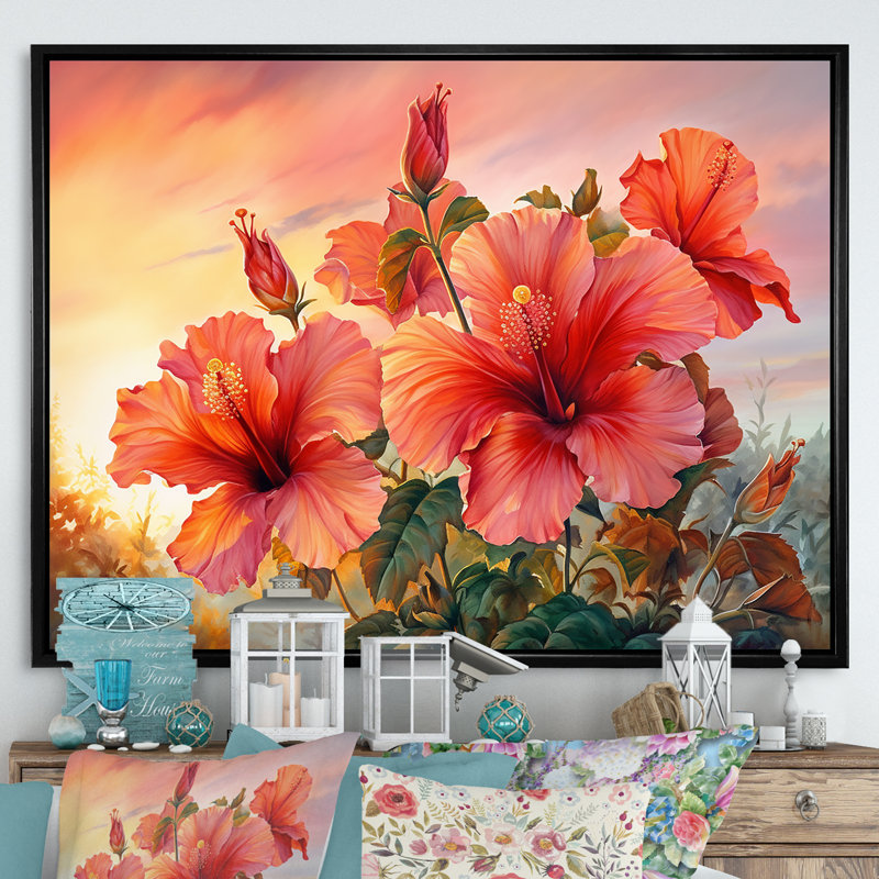Hibiscus corail sur la plage I - Hibiscus, reproduction d'art mural, Cadre flottant noir, H 34 po x l 44 po x P 1,5 po