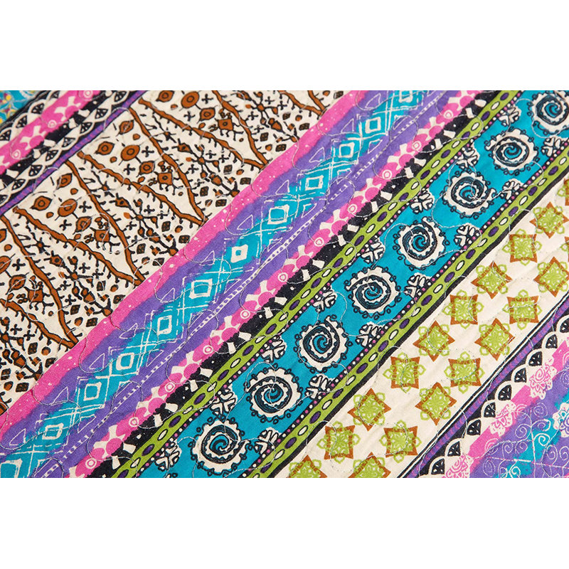 Boho Floral Cotton Reversible Quilt Set, Blue, King Quilt + 2 King Shams