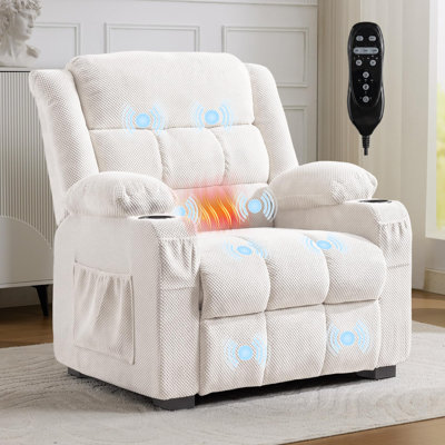 Fauteuil inclinable électrique surdimensionné beige, assise de 66 cm, soutien lombaire chauffant et massage par vibrations à 8 points, port USB, télécommande avec mémoire à 2 positions, revêtement en velours pour cinéma maison