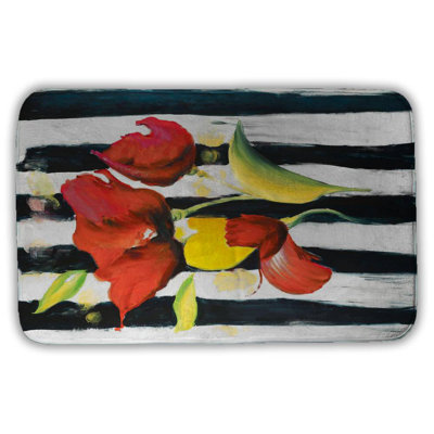 Red flowers on stripes Bath Mat with Non-Slip Backing - Quick Dry Memory Foam Bathroom Rug - Absorbent - Modern Plush Spa-Style - Machine Washable
