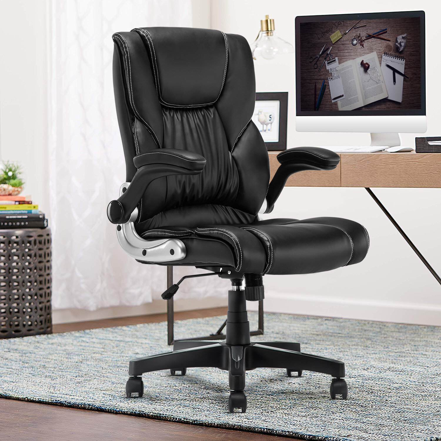 Kalman Mid-Back LeatherSoft Executive Swivel Office Chair with Padded Arms Upper Square Upholstery Color: Black