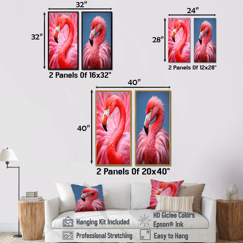 «Pink Flamingo Haven», ensemble d'art mural sur toile Flamingo, Cadre blanc, H 32 po x l 33 po