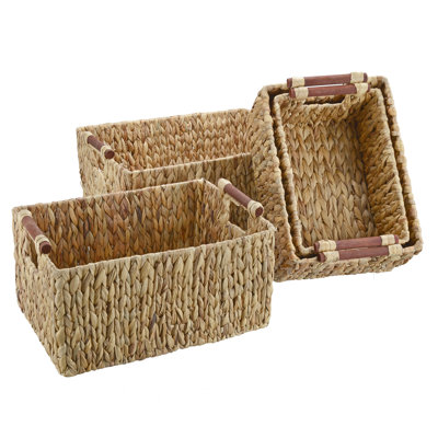 Handmade Water Hyacinth Storage Basket Set with Wood Handles (Set of 4)