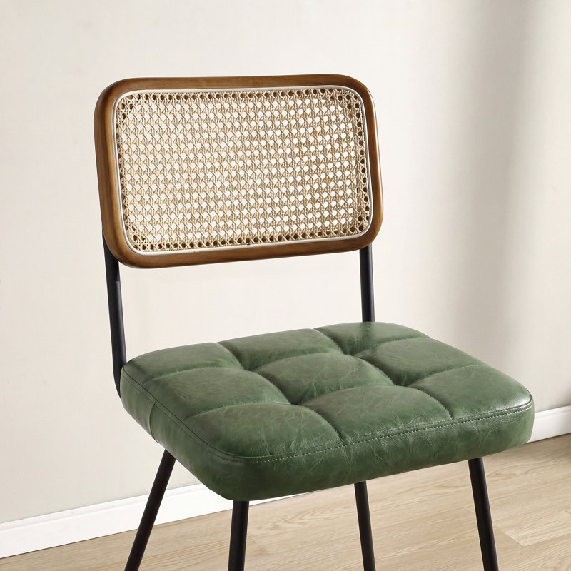 Bodnar Ratten Back Tufted PU  Upholstered Dining Side Chair, Green Performance Faux Leather
