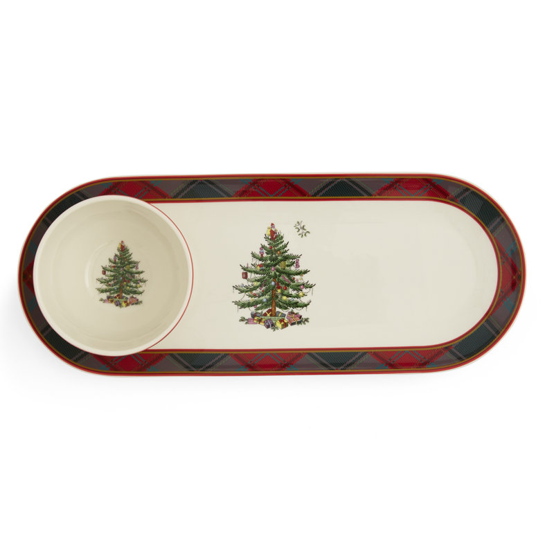 Spode Christmas Tree Tartan 2Pc Chip And Dip 13"