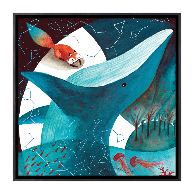 Renard et baleine III - impression, H 37 po x l 37 po x P 1,5 po, Toile avec cadre noir patiné, Pas de tapis