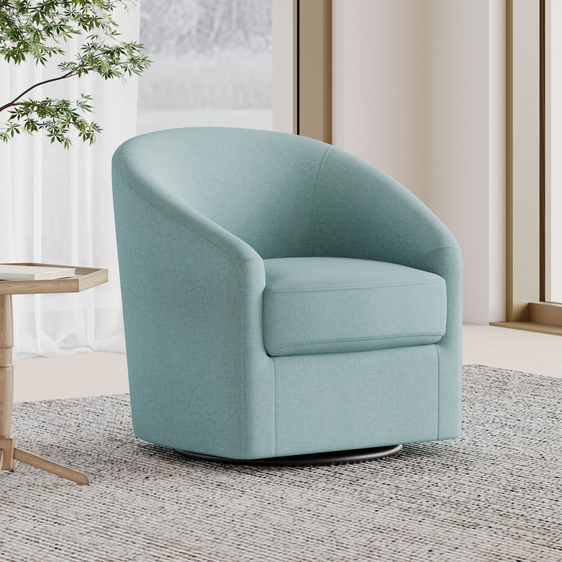 Marsels Upholstered Swivel Glider Barrel Chair, Light Blue Polyester Blend