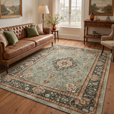 Tapis oriental traditionnel vert/beige à poils courts, lavable et antidérapant