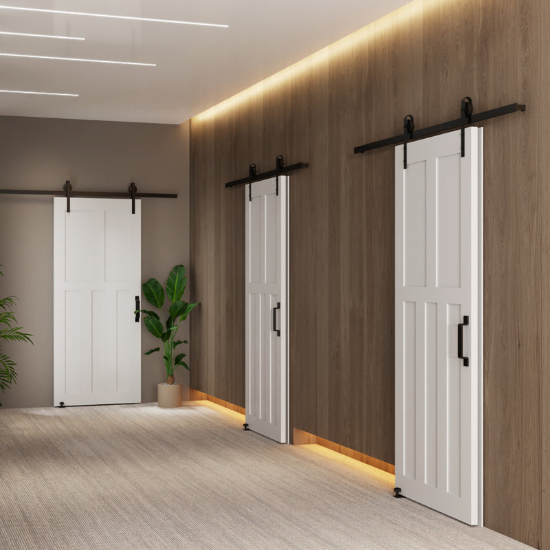 Cinq panneaux de porte apprêtés réels + quincaillerie de porte de grange de 6,6 pi + guide de plancher réglable + poignée à tirer, porte à panneaux bricolage sans finition, porte de grange intérieure moderne, résistante à l'humidité