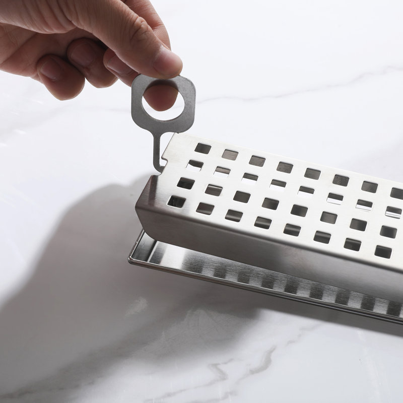 Modern Linear Grid With Hair Strainer And Lifting Hook For Bathroom Shower, Brushed Nickel, 27.6 Inches