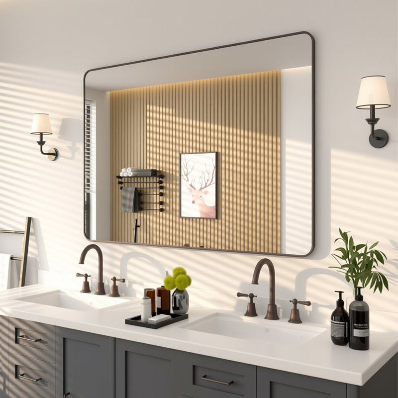 Miroir de salle de bain mural, Bronze frotté à l'huile, 36 pi x 48 po