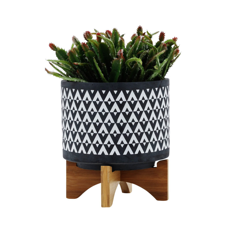 Ceramic 8" Aztec Planter On Wooden Stand