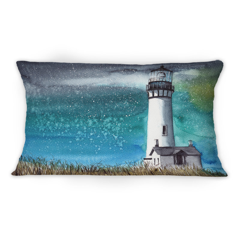 Coussin décoratif à motif de phares nautiques et côtiers «A Lighthouse On The Grassy Hill At Night» 1
